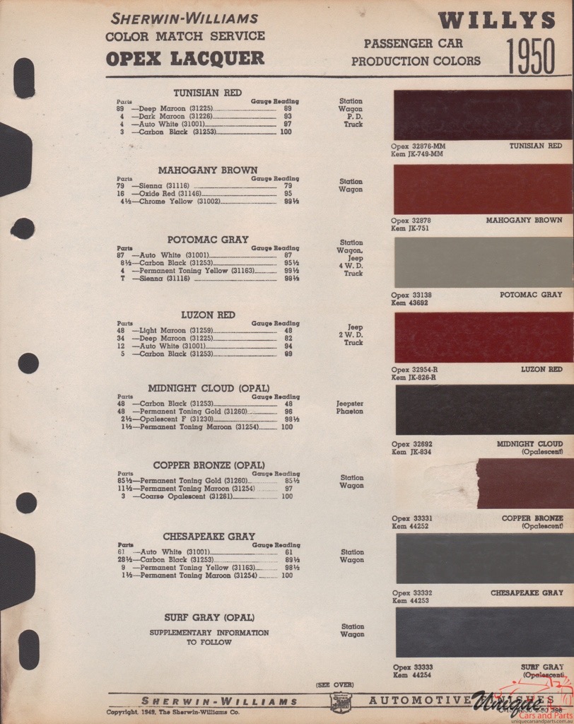 1950 Willys Paint Charts Williams 1